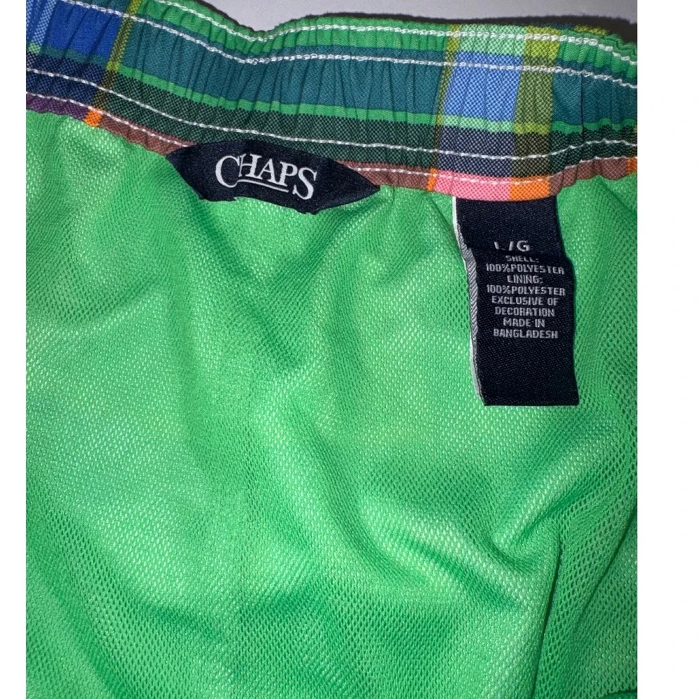 Chaps Mens Plaid‎ Swim Trunks LG Green Multicolor Pocket Drawstring Waist
